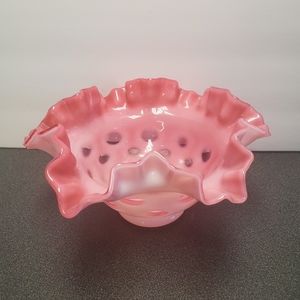 Vtg. Fenton Cranberry Art Glass Coin Dot  Ruffled Rose Bowl Vase 6.75 x 3.25